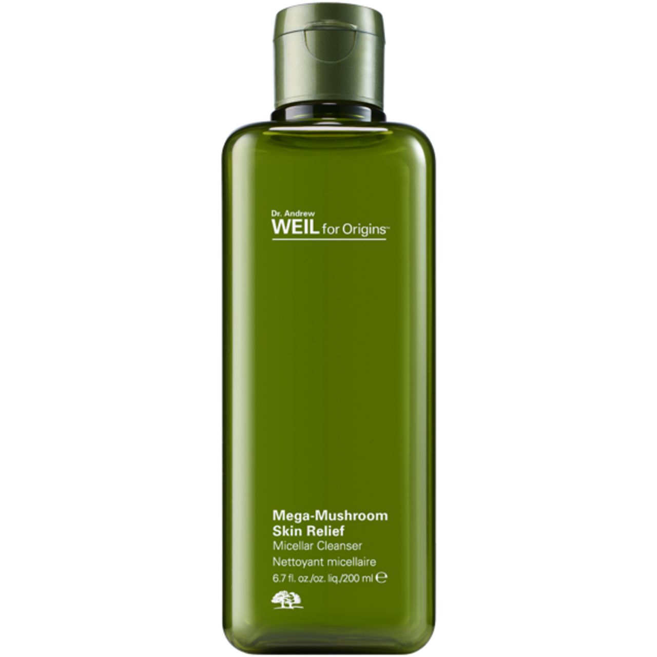 Grüne Flasche mit 'Dr. Andrew Weil for Origins'. 'Mega-Mushroom Skin Relief Micellar Cleanser'. Grüner Deckel.