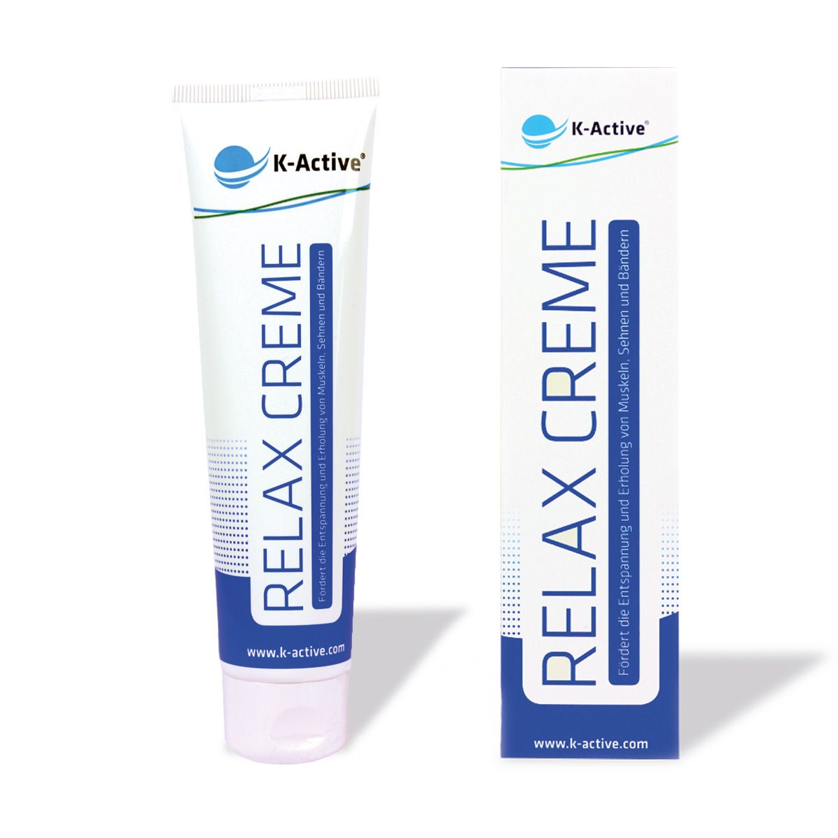 Tube und Kartonverpackung für K-Active Relax Creme. Weiß, blau und grün. Schriftzug: Relax Creme. Logo: K-Active. Website-Adresse.