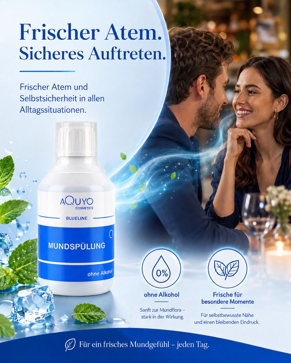 Blueline Mundspülung, blaue Flasche, weißer Deckel. Text: AQUYO COSMETICS, Mundspülung, ohne Alkohol. Hintergrund: Paar, Tisch, Glas.