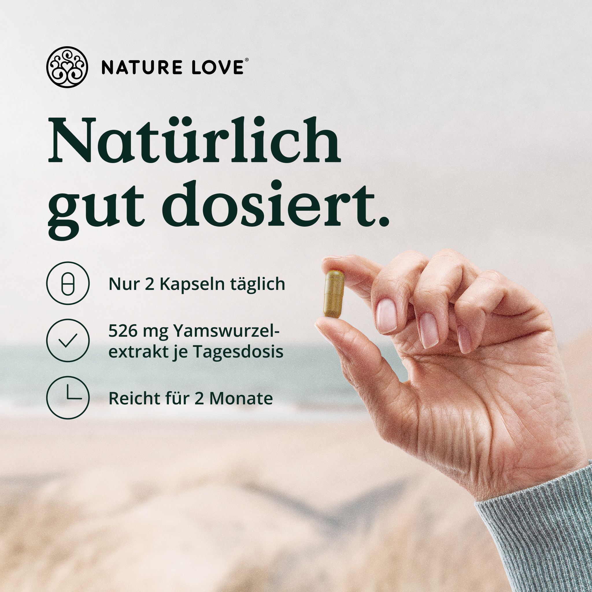 Eine Hand hält eine Kapsel. Text über Dosierung und Inhaltsstoffe von NATURE LOVE.