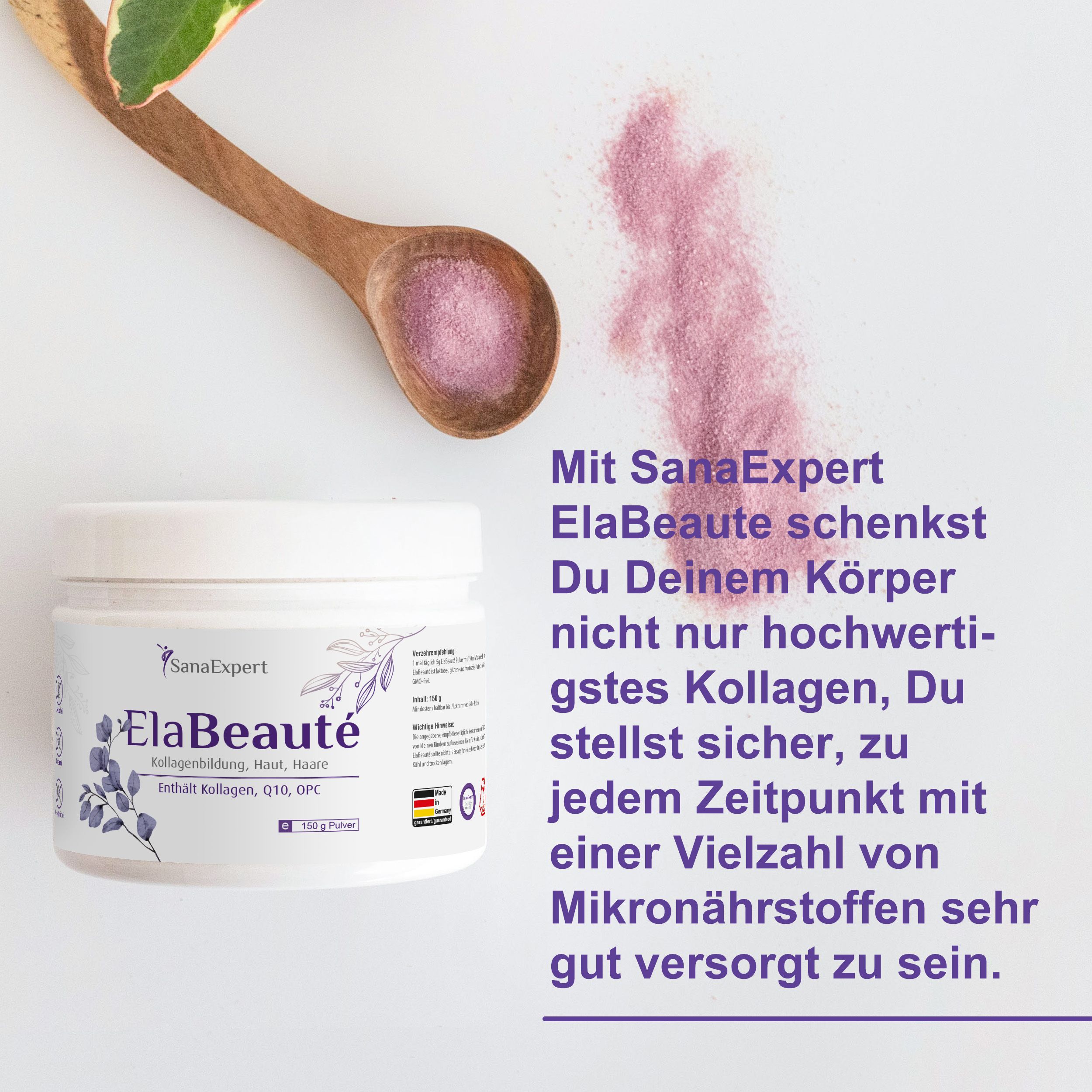 Weißes SanaExpert ElaBeauté-Pulver mit Löffel. Text: Kollagen, OPC, Biotin, Q10. Mit Mikronährstoffen. Made in Germany.