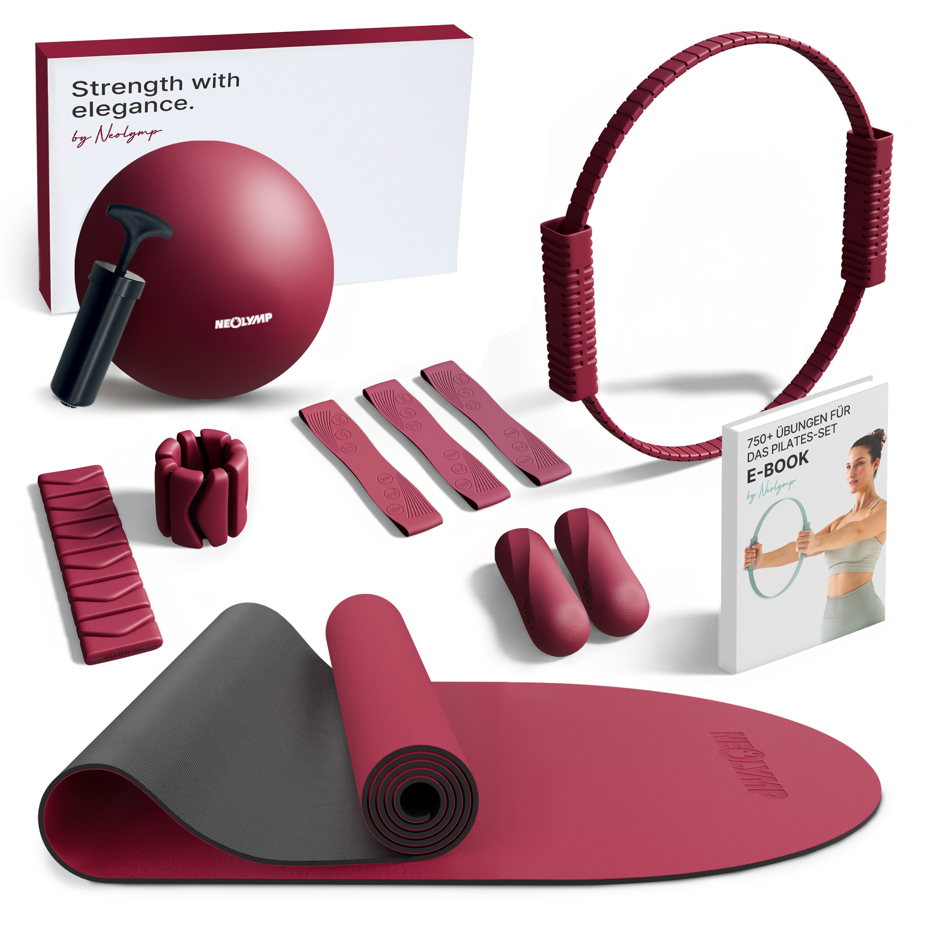 NEOLYMP Pilates Set: Matte, Ball mit Pumpe, Ring, Gewichts- und Fitnessbänder, Handgriffe und E-Book.