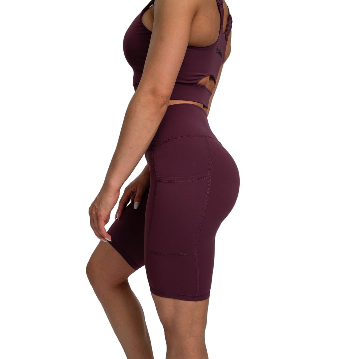 Damen Biker Shorts und Sport-BH in Dunkelrot, Seitenansicht.