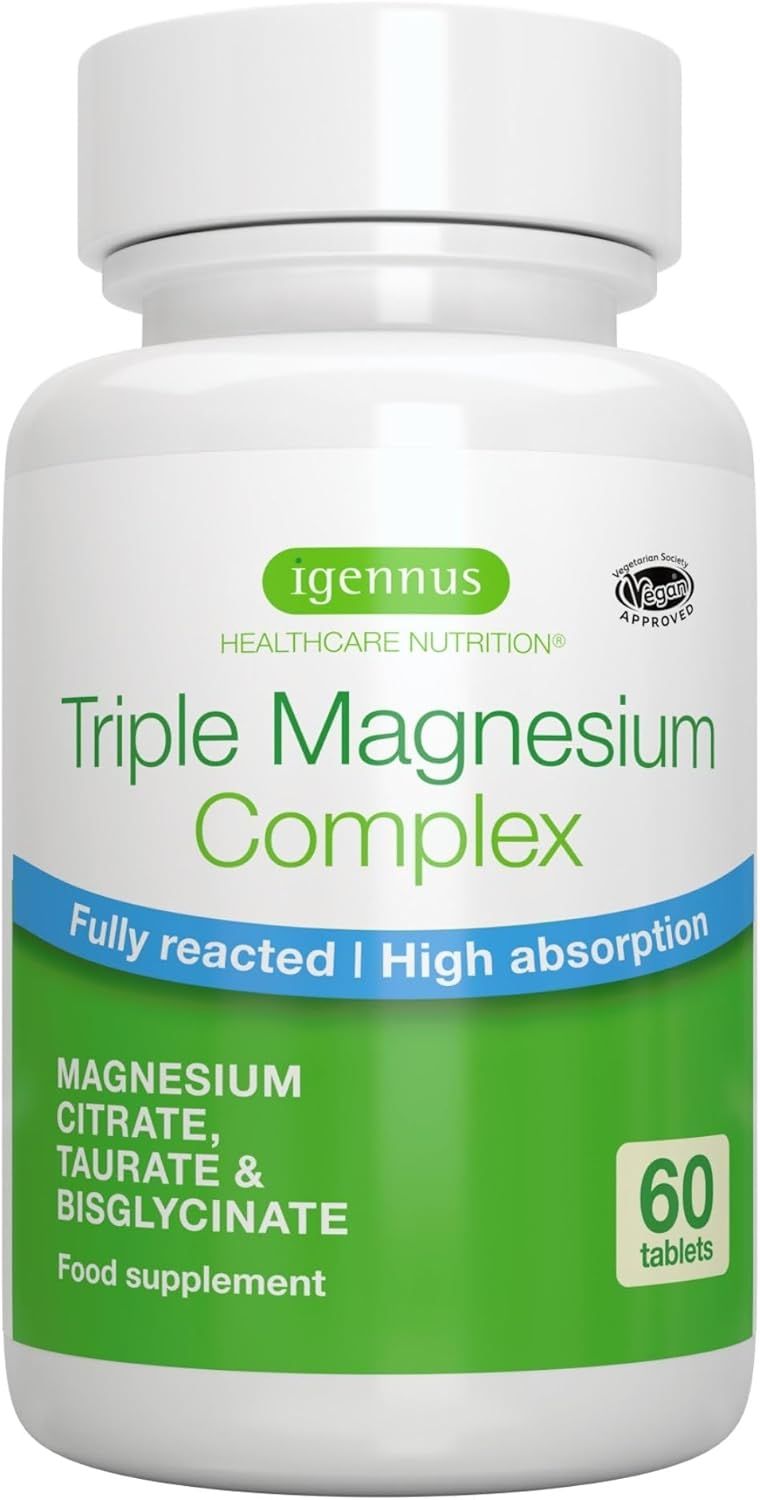 Weiße Flasche mit grünem Etikett. Text: Igennus Triple Magnesium Complex, 60 Tabletten. Vegan-Siegel.
