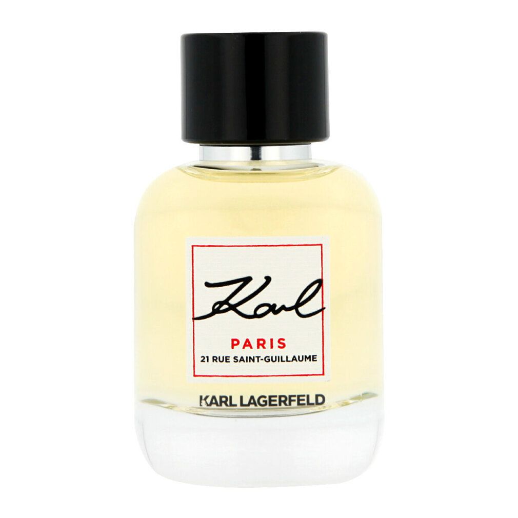 Parfümflakon mit schwarzem Deckel. Auf dem Etikett steht Karl Paris 21 Rue Saint-Guillaume. Karl Lagerfeld ist darunter zu sehen.