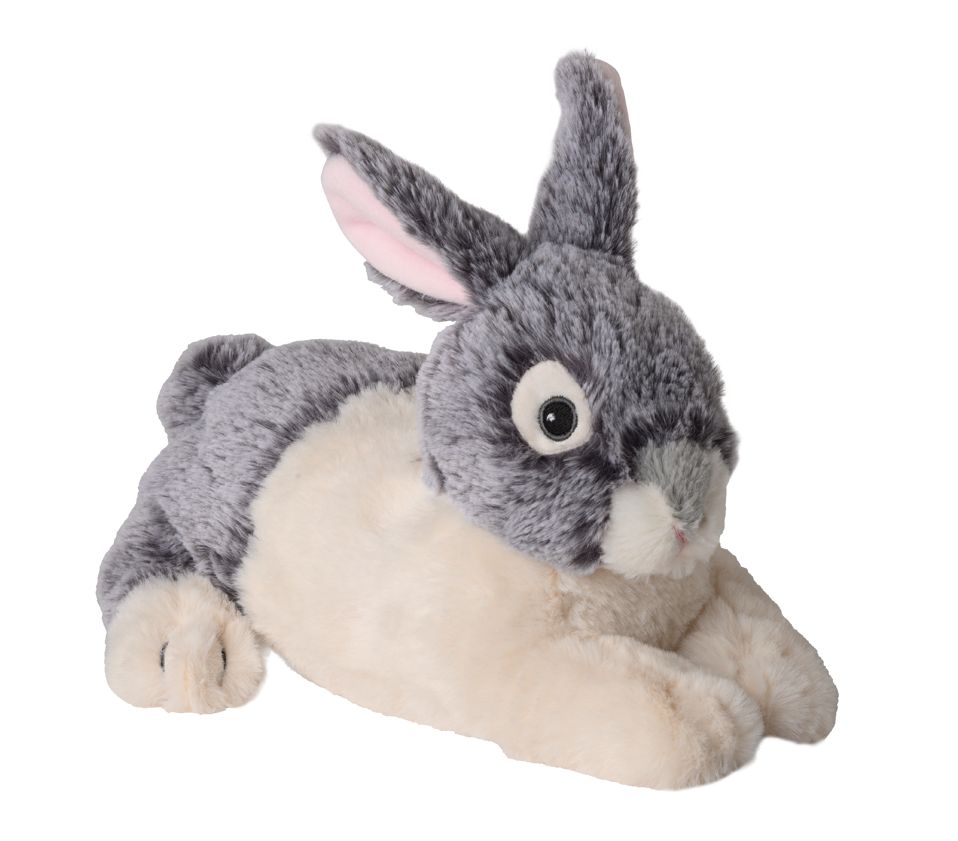 Ein Warmies Kaninchen, ein kuscheliges, graues und cremefarbenes Stofftier. Es liegt auf dem Bauch, mit nach oben gerichteten Ohren und einem freundlichen Gesicht. Die Ohren sind innen rosa. Das Kaninchen ist aus weichem Material gefertigt.