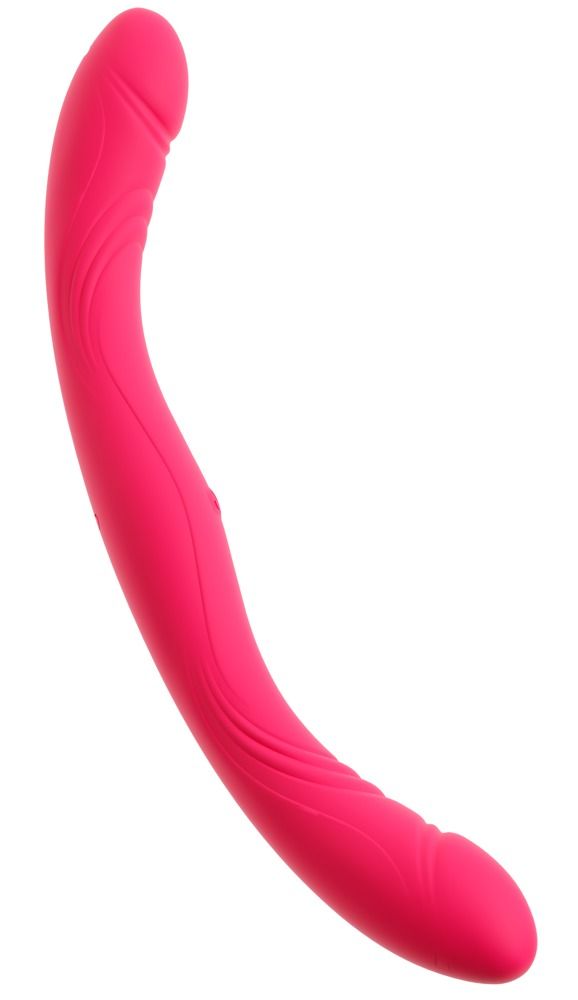 Ein gebogener, pinker Massager mit Rillenmuster.