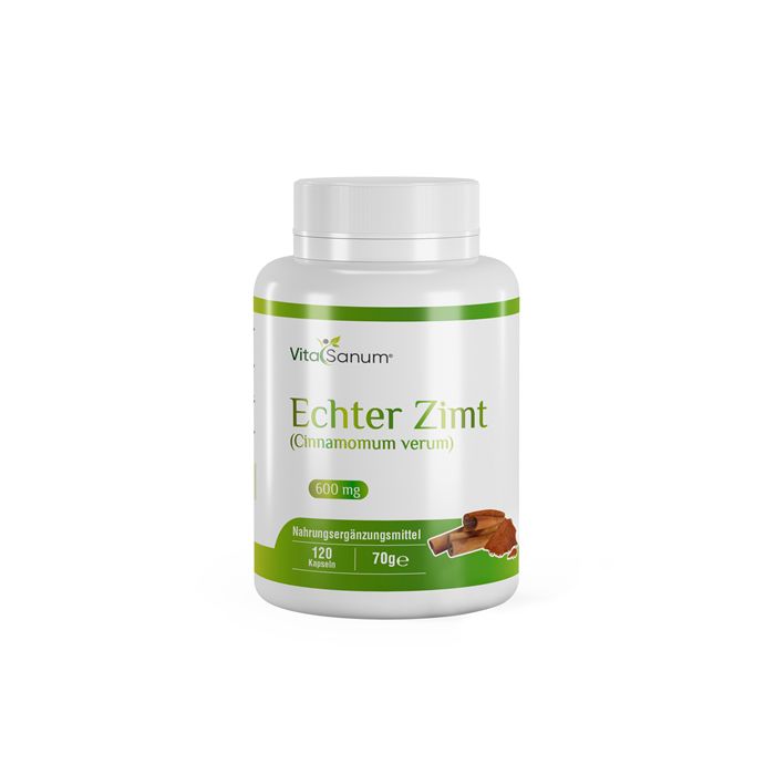 Weiße Dose mit grünen Akzenten. Aufschrift: VitaSanum, Echter Zimt (Cinnamomum verum), 600 mg, 120 Kapseln.