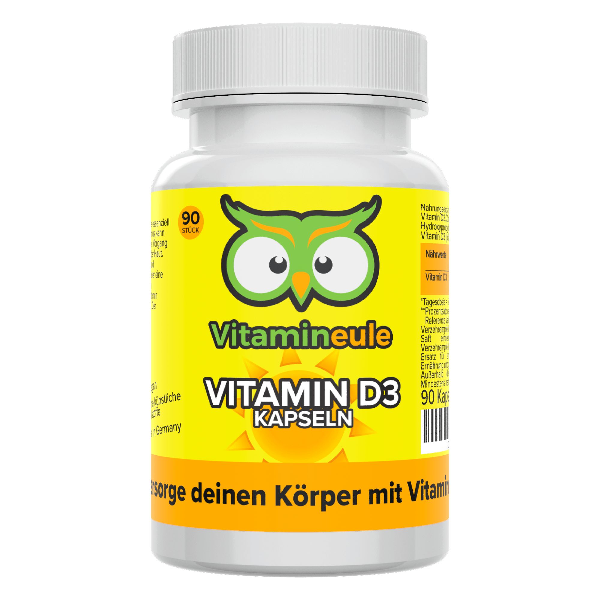 Weiße Flasche mit gelbem Etikett. Aufschrift: Vitamin D3 Kapseln, Vitamineule. 90 Stück.