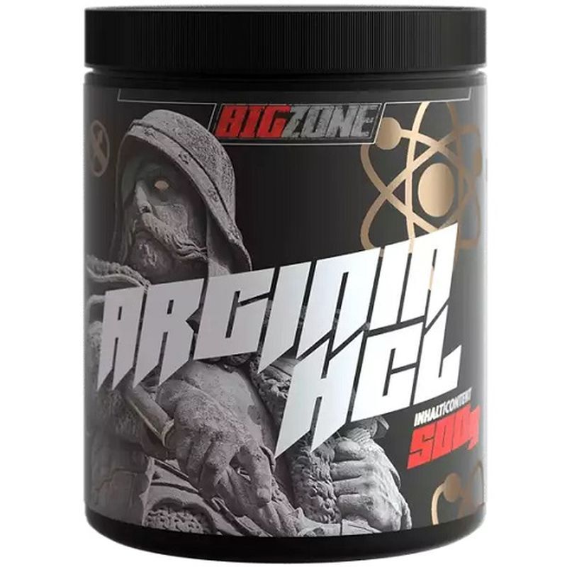 Schwarze Dose mit "Big Zone" und "Arginine HCl"-Aufdruck. Enthält 500g. Abbildung einer Statue. Goldene Verzierungen.