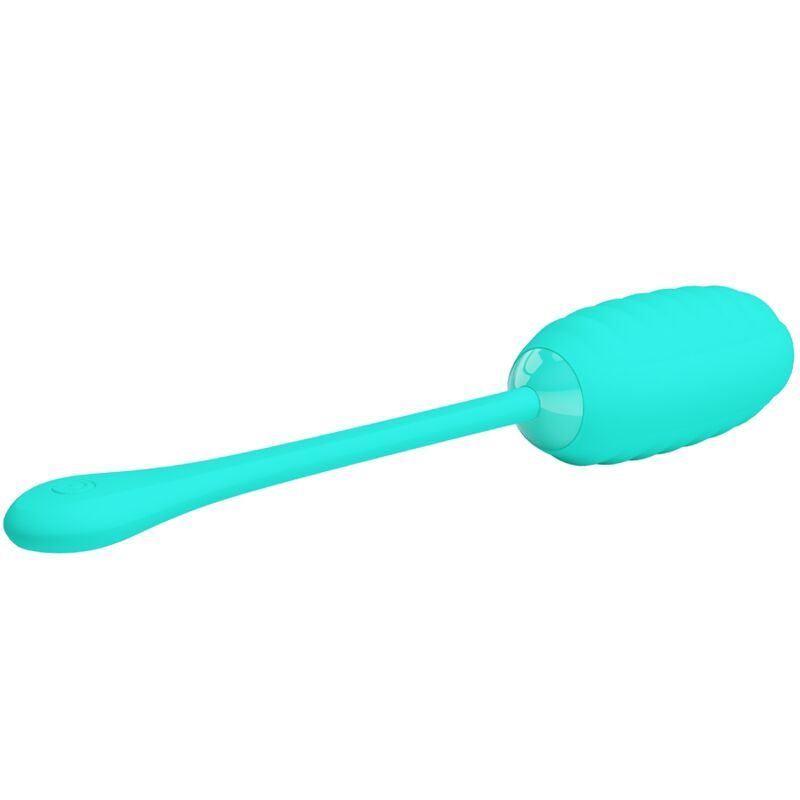 Türkisfarbenes, eiförmiges Produkt mit geriffelter Oberfläche und langem, flexiblem Stiel. Schräge Ansicht.