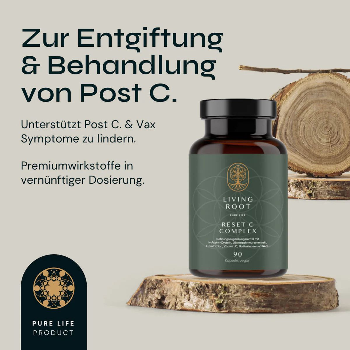 Braune Flasche auf Holzstämmen. Text: Zur Entgiftung & Behandlung von Post C. Unterstützt Post C. & Vax Symptome zu lindern. Premiumwirkstoffe.