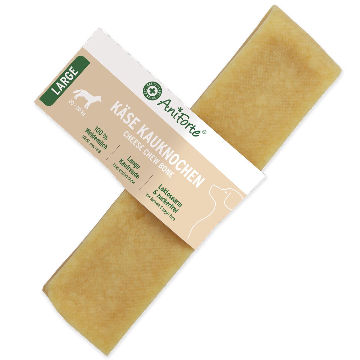 Käsekauknochen Large. Zwei rechteckige Kauknochen mit Verpackung. Aufschrift: AniForte, Käse Kauknochen, Large, 100% Weidemilch.