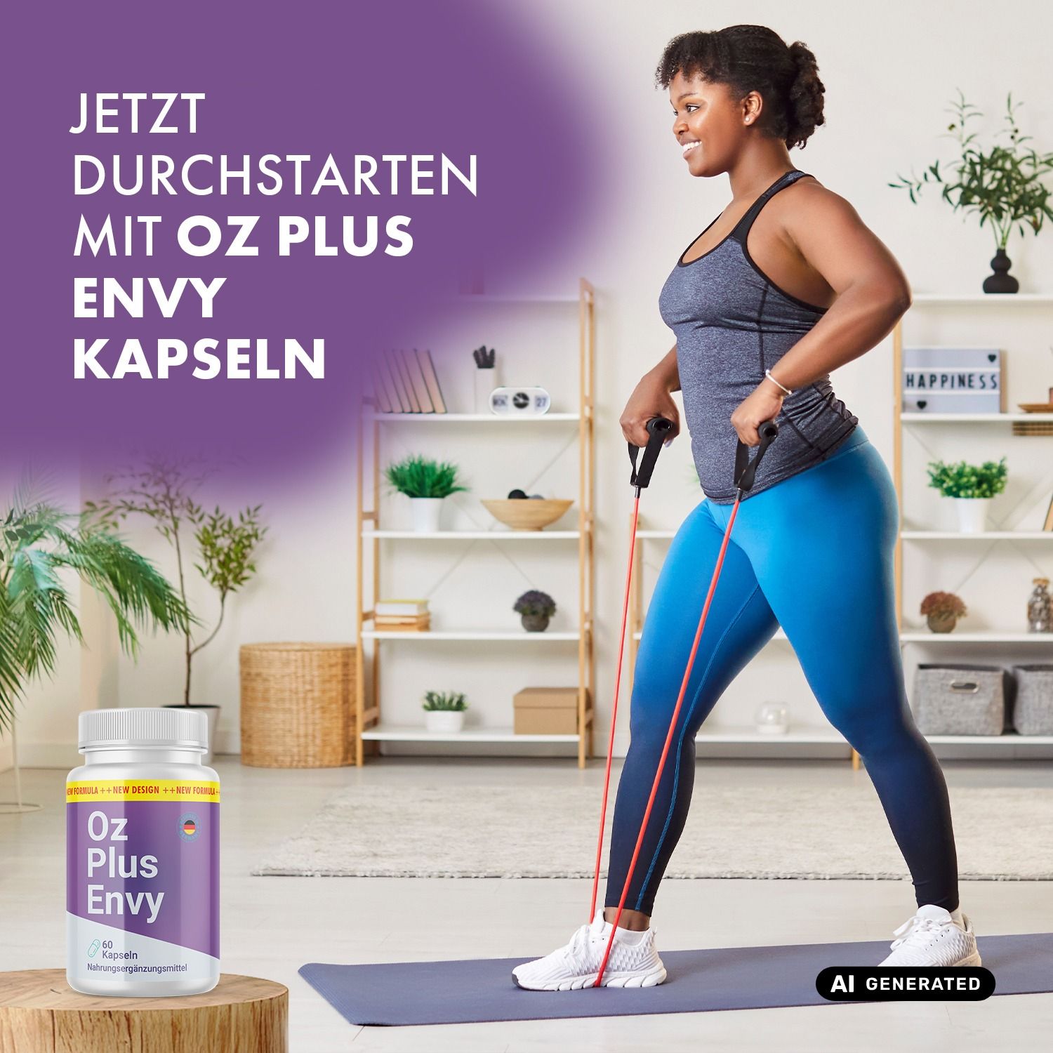 Frau trainiert mit Widerstandsbändern, Flasche Oz Plus Envy daneben.