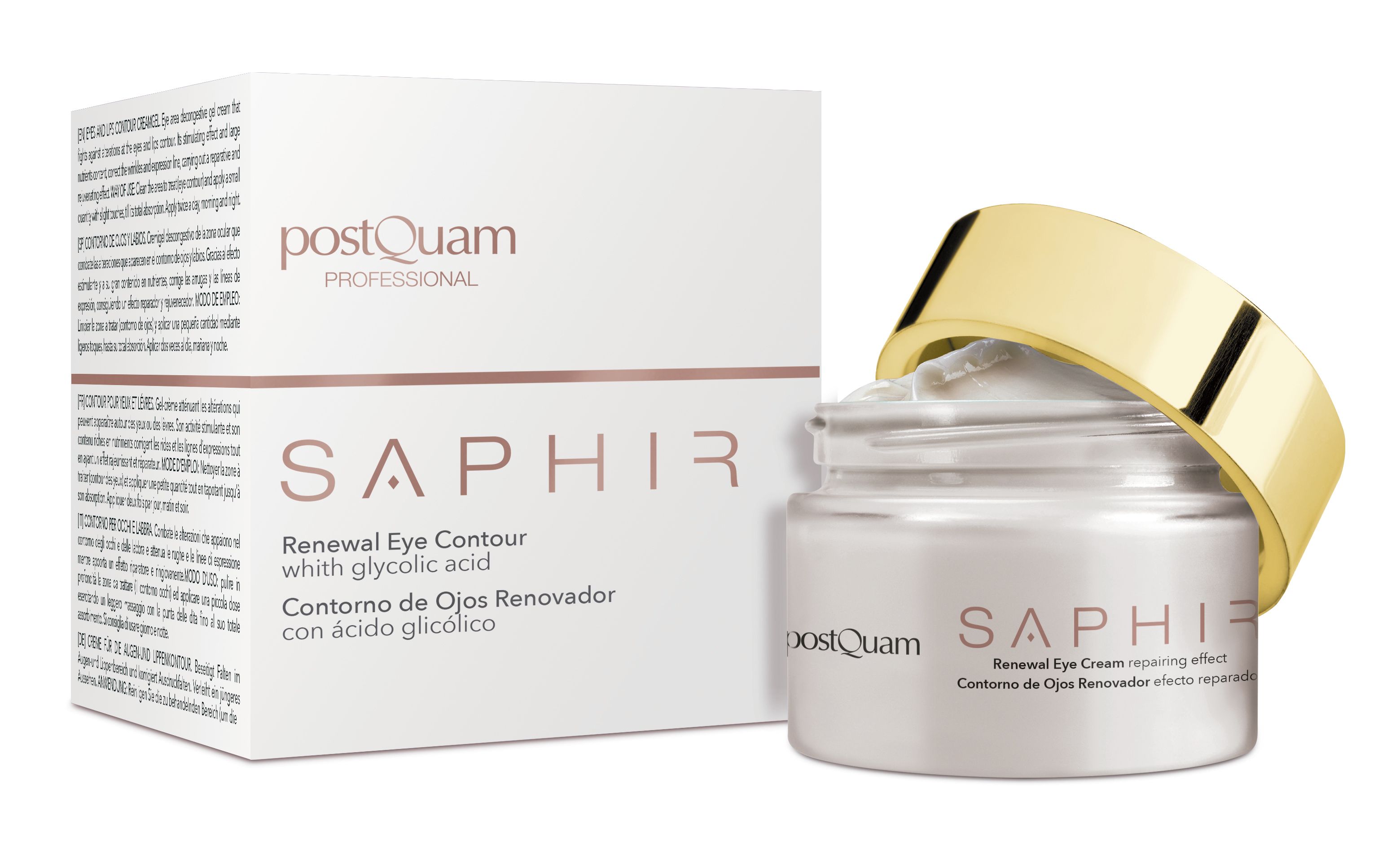 Creme-Glas mit goldenem Deckel und Karton. Aufschrift: SAPHIR, Renewal Eye Contour, mit Glykolsäure. Marke: postQuam.
