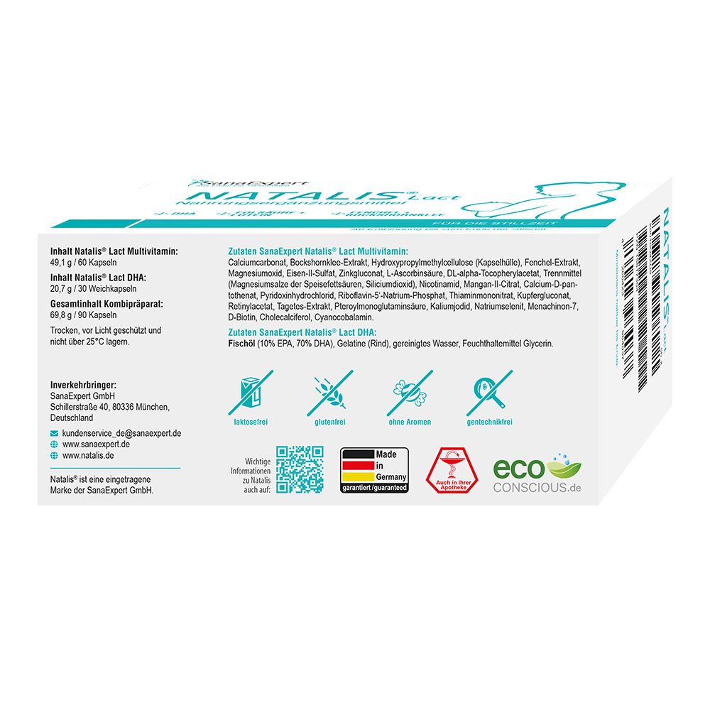 Rückseite der SanaExpert Natalis Lact Verpackung. Inhaltsstoffe, Logos: Glutenfrei, Laktosefrei, Ohne Konservierungsstoffe, Ohne GMO.