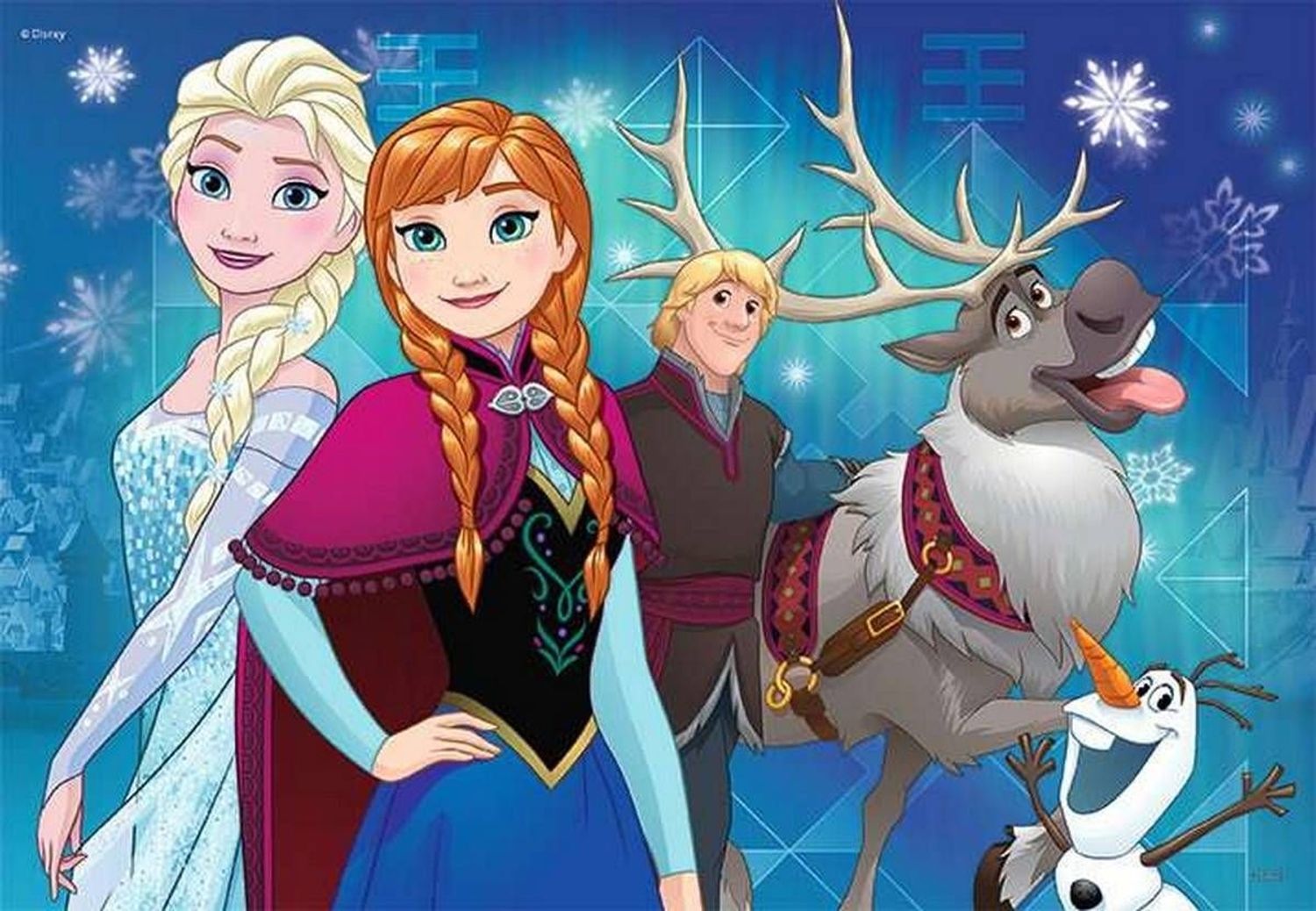 Puzzle mit Elsa, Anna, Olaf, Kristoff und Sven. Hintergrund mit Schneeflocken. Figuren aus dem Film Frozen.