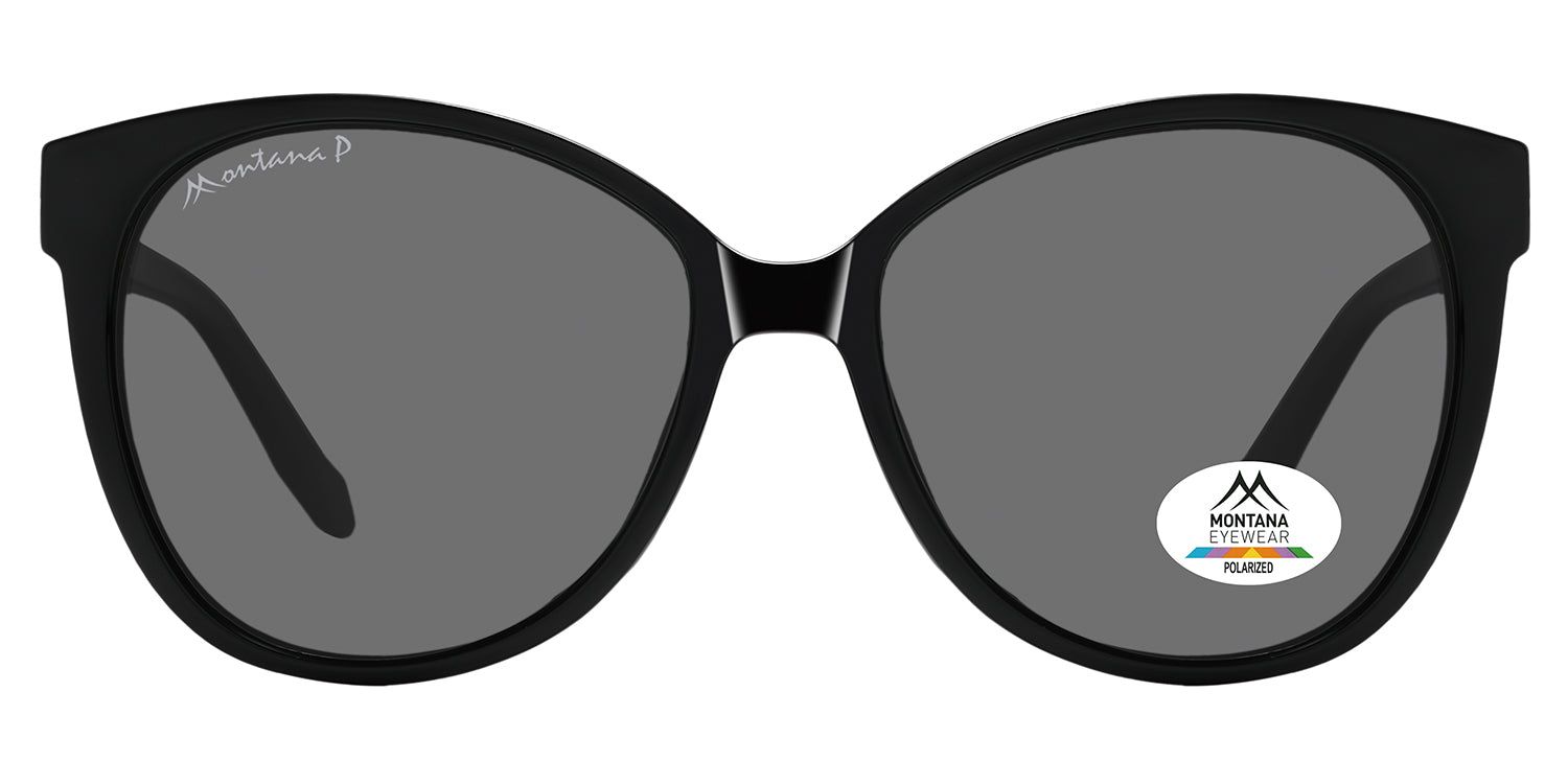 Schwarze Sonnenbrille mit grauen Gläsern. Montana Eyewear Logo und Polarized-Aufkleber. Runde Form.