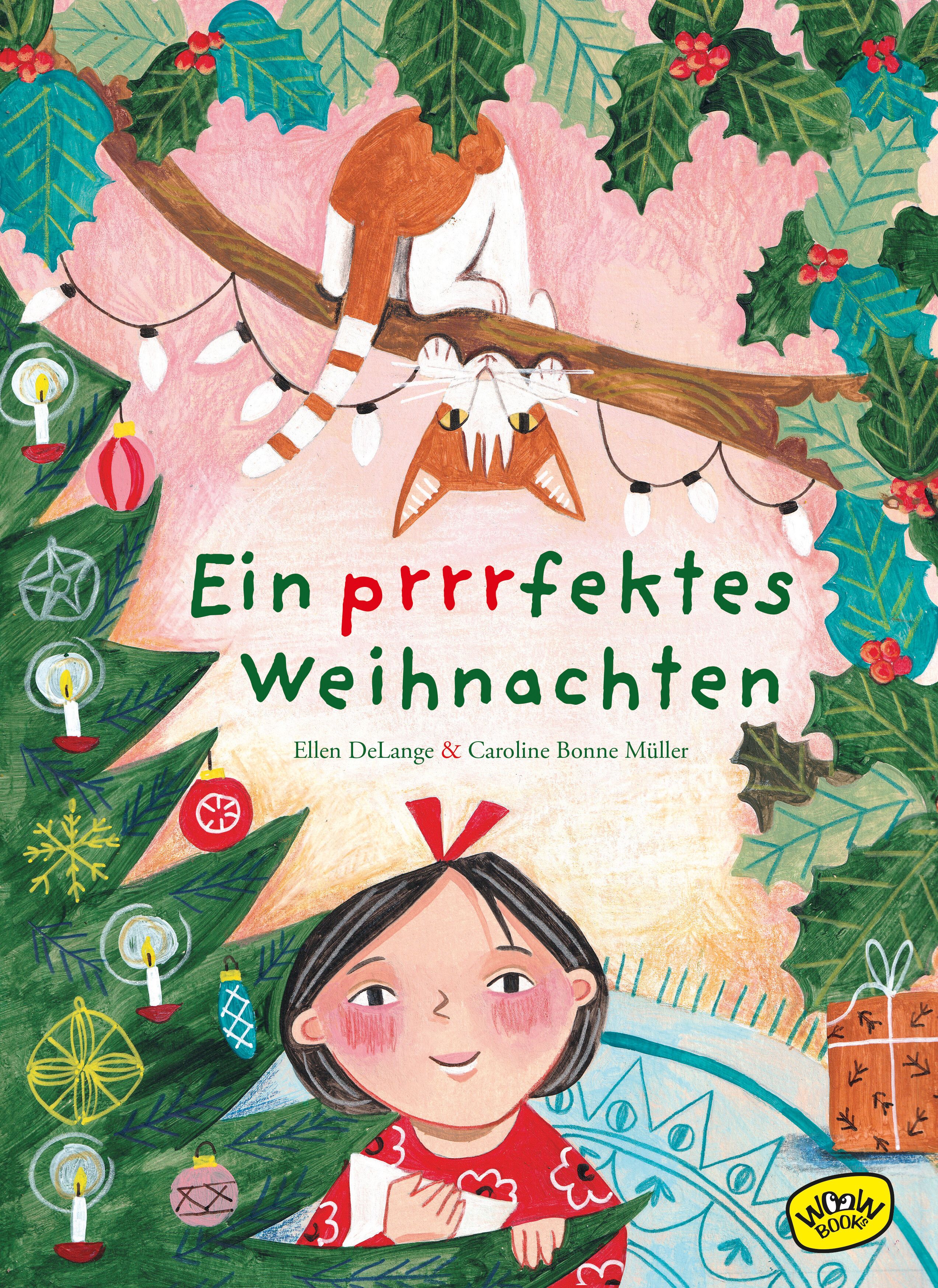 Buchcover mit Titel "Ein prrrfektes Weihnachten". Illustration mit Katze, Kind und Weihnachtsdeko.