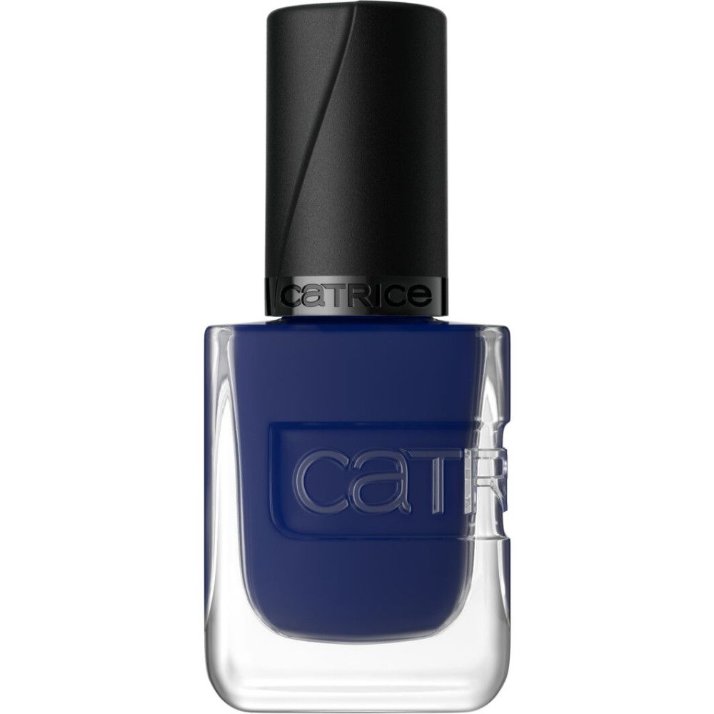 Dunkelblaue Nagellackflasche mit schwarzem Deckel und sichtbarem Markennamen "CATRICE".