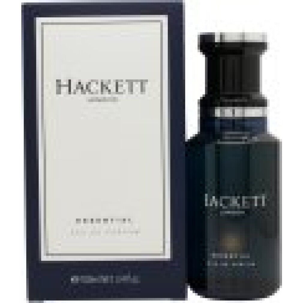 Dunkelblaue Flasche und Schachtel. Aufschrift: HACKETT LONDON, ESSENTIAL Eau de Parfum. Silberne Kappe.