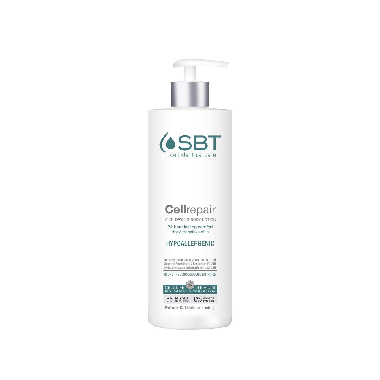 Weiße Flasche mit Pumpe. Aufschrift: Cellrepair. Anti-Drying Body Lotion. Für trockene und sensible Haut. Hypoallergen.