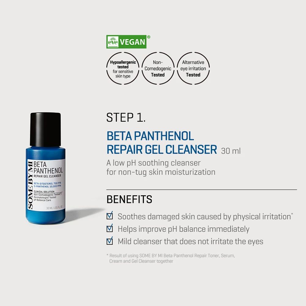 Blaues Fläschchen mit schwarzem Deckel. Aufdruck: SOME BY MI, Beta Panthenol Repair Gel Cleanser. Text auf weißem Hintergrund.