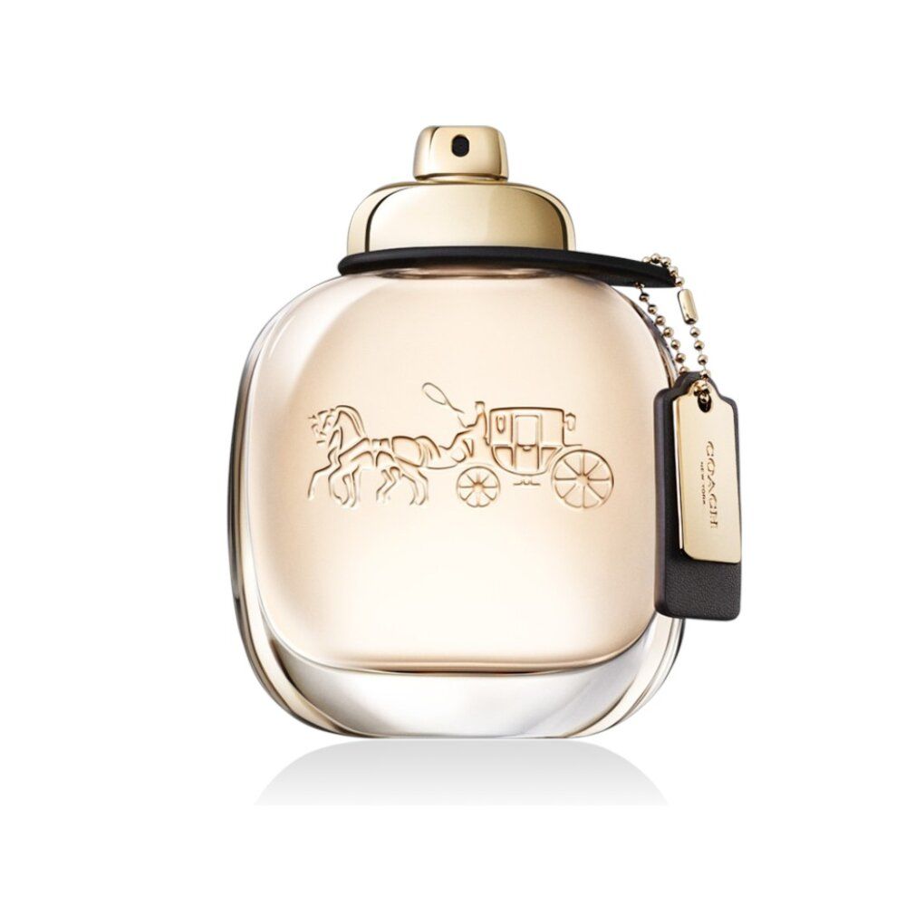 Coach New York Eau de Parfum Flakon mit goldfarbenem Verschluss und Anhänger. Das Coach Pferdekutschen-Logo ist eingeprägt.
