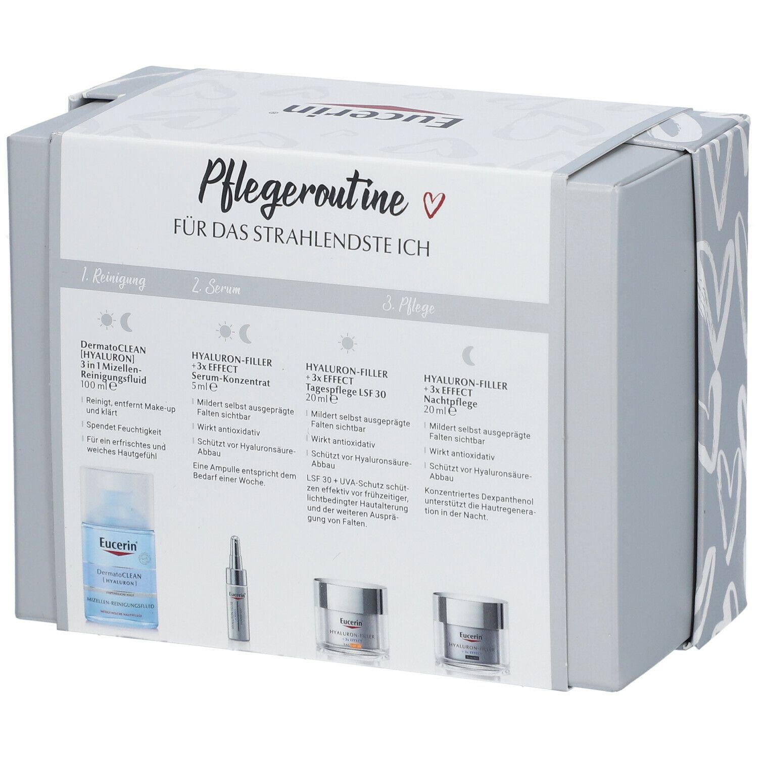 Geschenkset mit Produkten für die Gesichtspflege. Enthält Reinigungsflüssigkeit, Serum und Cremes. Verpackung mit Produktinformationen.