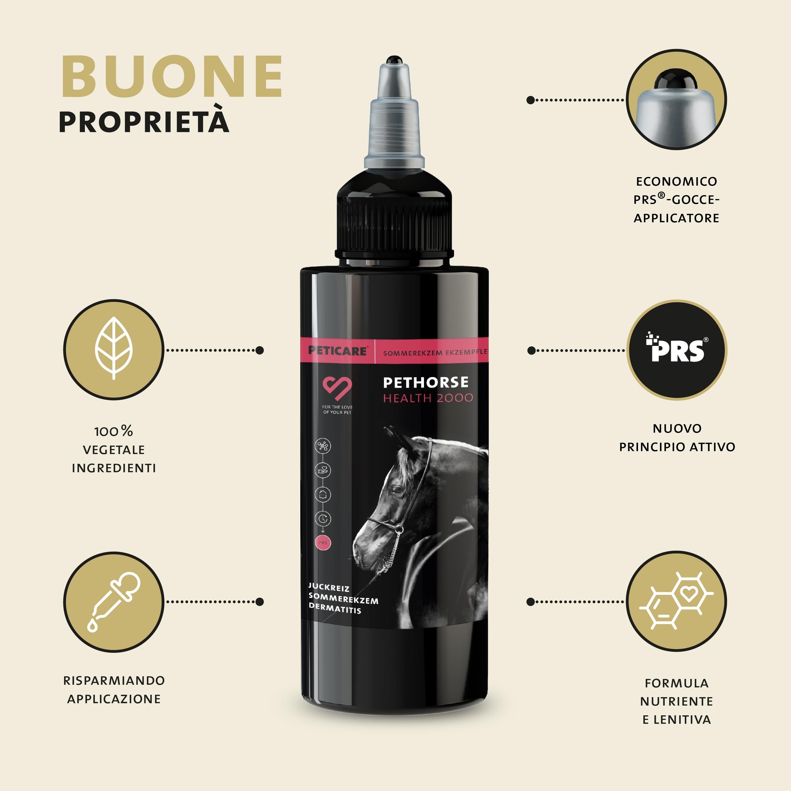 Schwarze Flasche mit Dosierspitze. Text: Pethorse Health 2000. Icons: 100% pflanzliche Inhaltsstoffe, sparsame Anwendung, neue Formel.