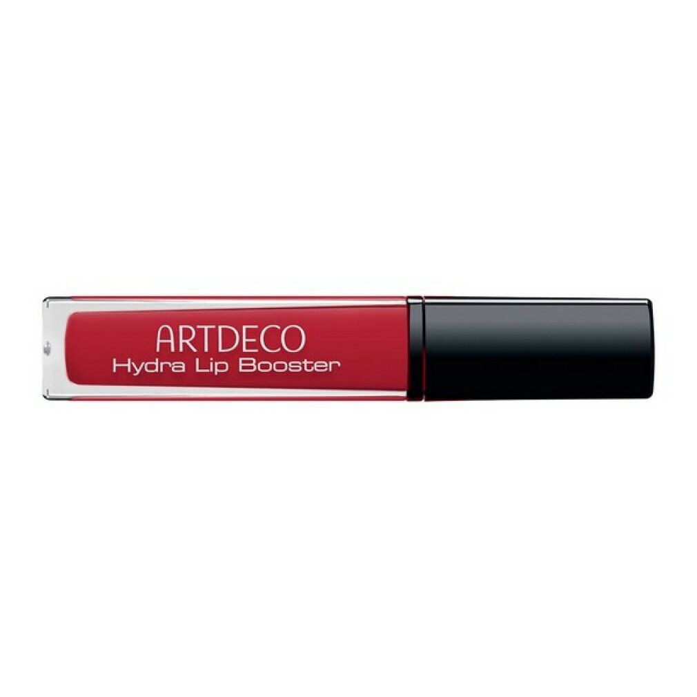 Artdeco Hydra Lip Booster, transparente, pinke Farbe. Schwarzer Deckel. Transparente Tube mit roter Flüssigkeit. Produktname sichtbar.