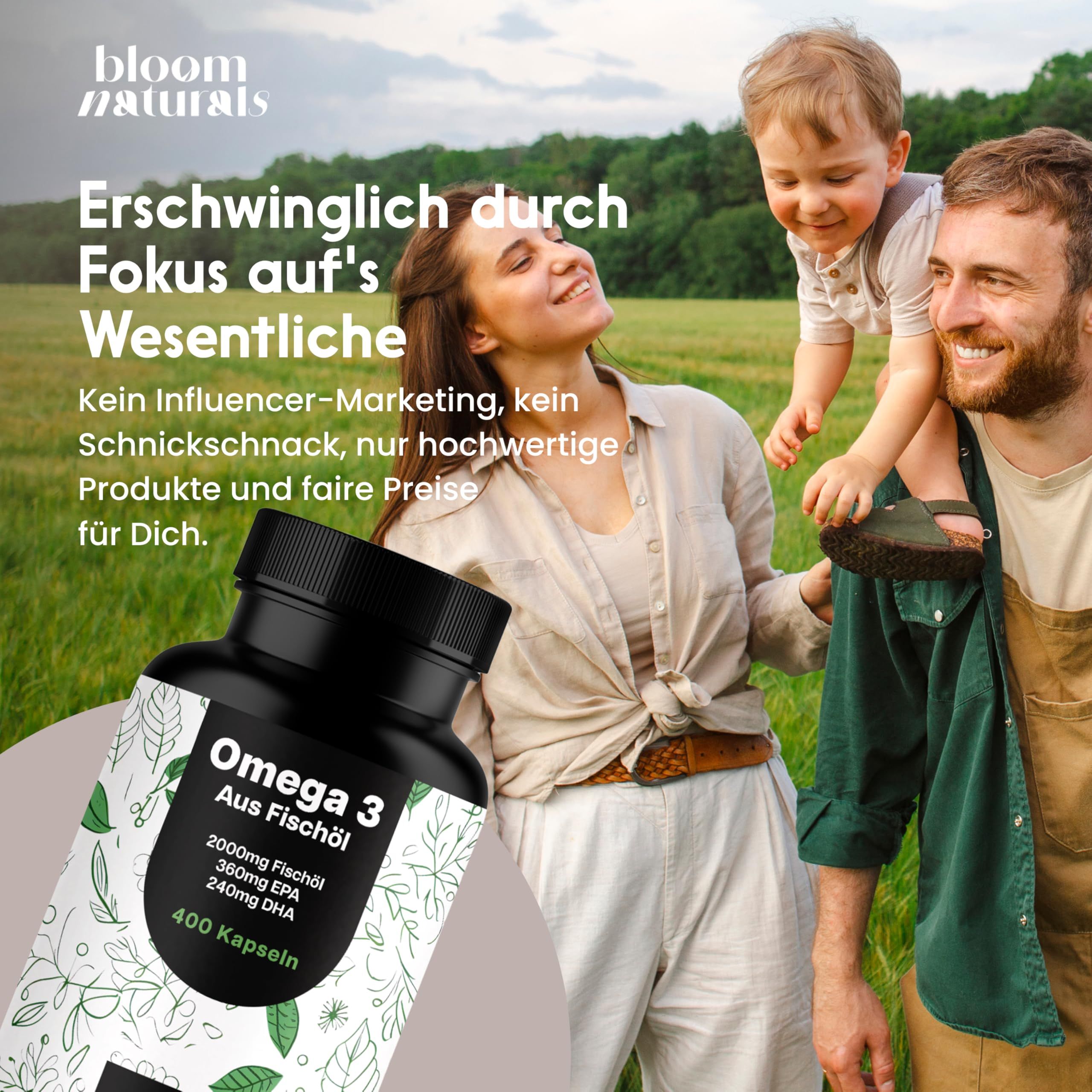 Familie mit Omega 3 Fischöl Kapseln. Text: Erschwinglich durch Fokus auf's Wesentliche. Marke: bloom naturals.