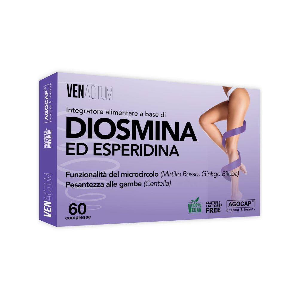 Scatola di compresse Venactum. Scritto: Diosmina ed Esperidina. 60 compresse. Vegano e senza glutine.