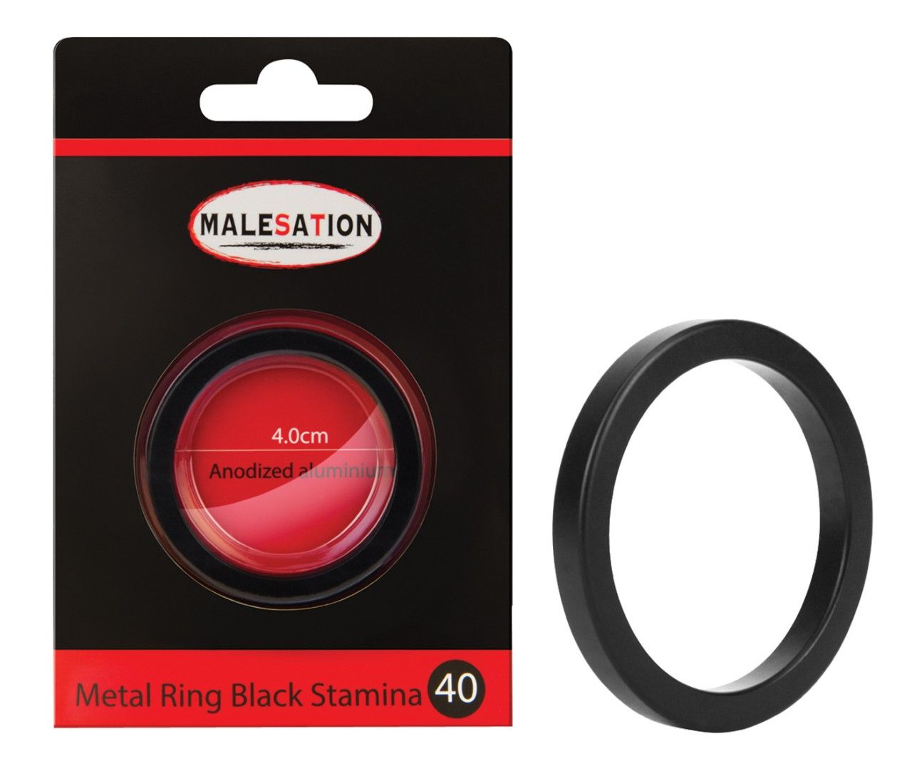 Schwarzer Metallring, 4,0 cm Durchmesser, anodisiert. In schwarzer Verpackung mit rotem Akzent.