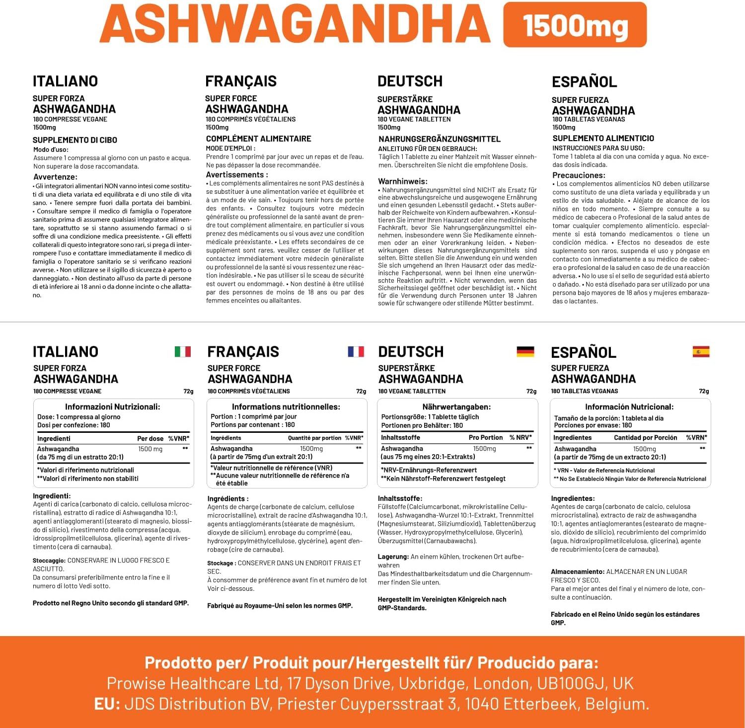 Mehrsprachige Produktinformationen. Enthält Informationen zu Ashwagandha in Deutsch, Italienisch, Französisch und Spanisch.
