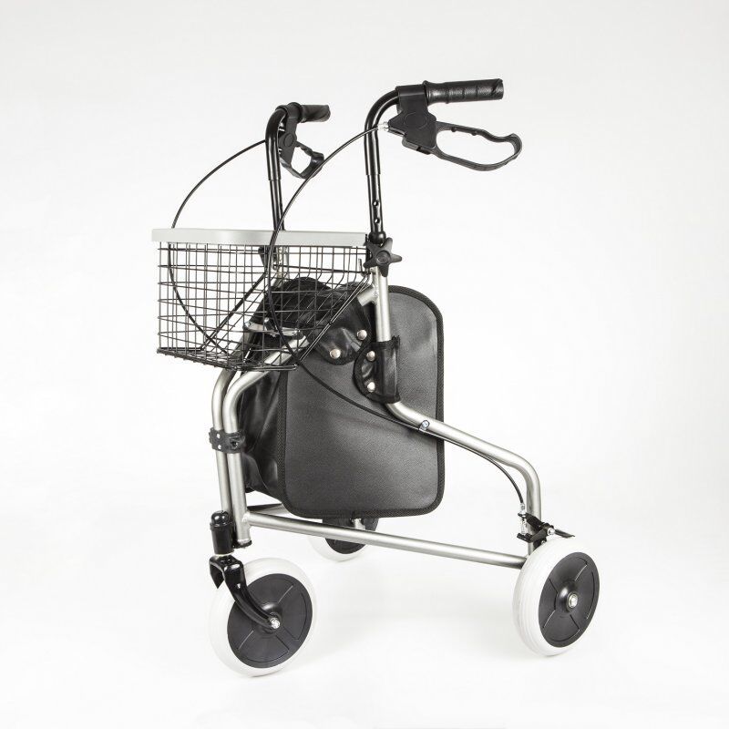 Dreirad-Rollator mit Klapprahmen, Aluminium, mit Korb und Tasche. Weiße Räder, schwarze Griffe und Tasche.