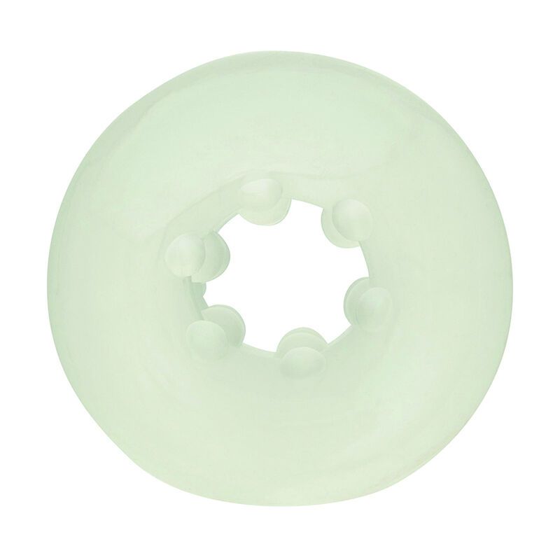 Ringförmiges Produkt mit Öffnung und inneren Erhebungen. Durchscheinendes Material. Für Intimbereich.