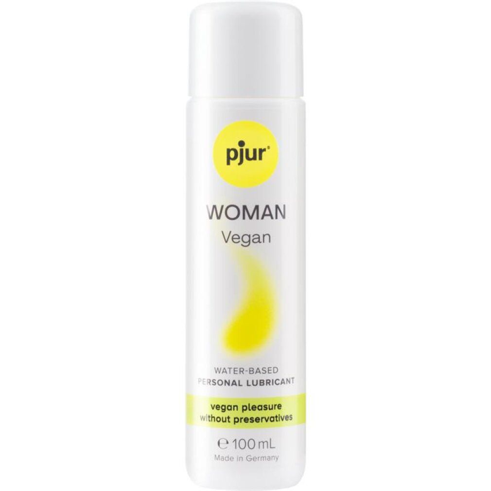 pjur WOMAN Vegan Gleitmittel, 100ml Flasche. Wasserbasiert, ohne Konservierungsstoffe.