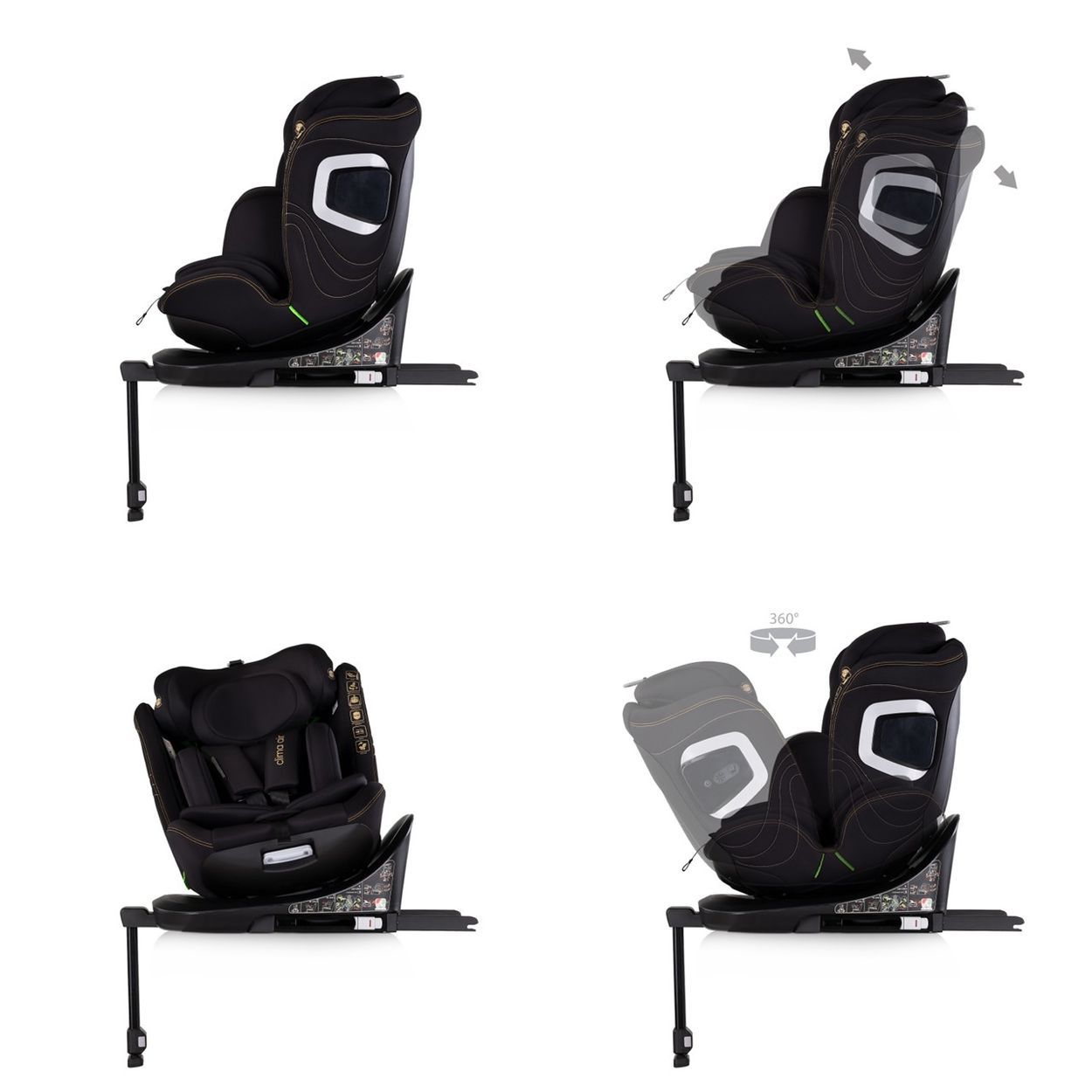 Vier Ansichten eines schwarzen Drehsitzes mit ISOFIX-Befestigung und verstellbarer Rückenlehne.