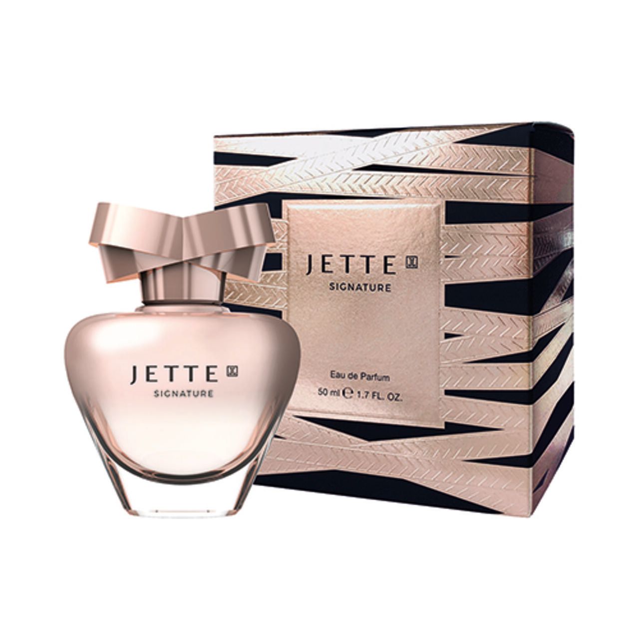 Parfümflakon und Verpackung. Flakon: Jette Signature. Verpackung: Streifenmuster, Jette Signature, Eau de Parfum.