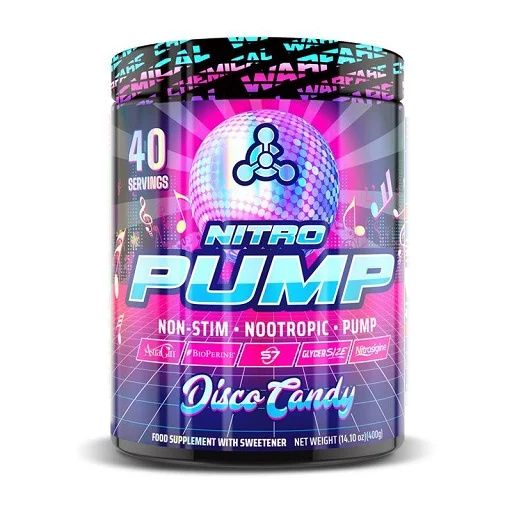 Zylindrische Dose 'Nitro Pump'. Lila und blau, mit Disco-Design. Enthält 40 Portionen. 'Disco Candy' Text.