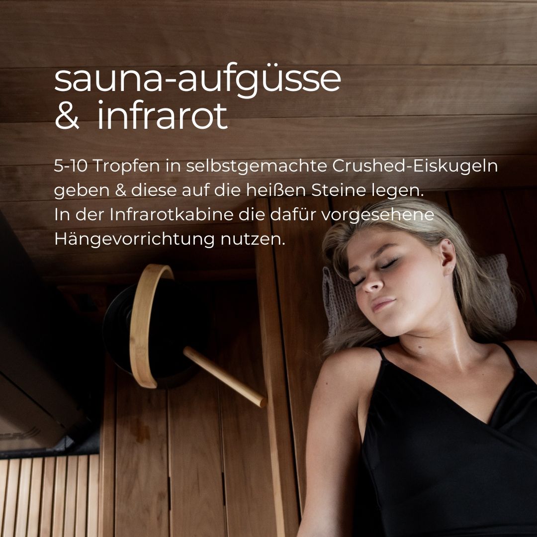 Frau in einer Sauna. Text: Sauna-Aufgüsse & Infrarot.