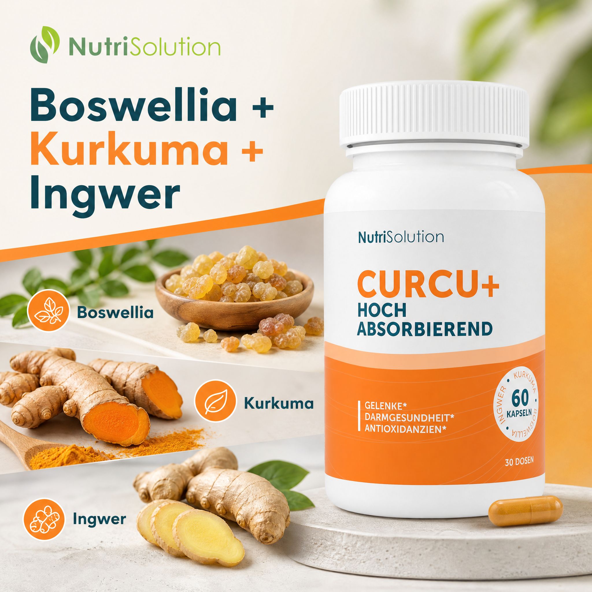 NutriSolution Curcu+ Flasche mit Boswellia, Kurkuma und Ingwer, hoch absorbierend.