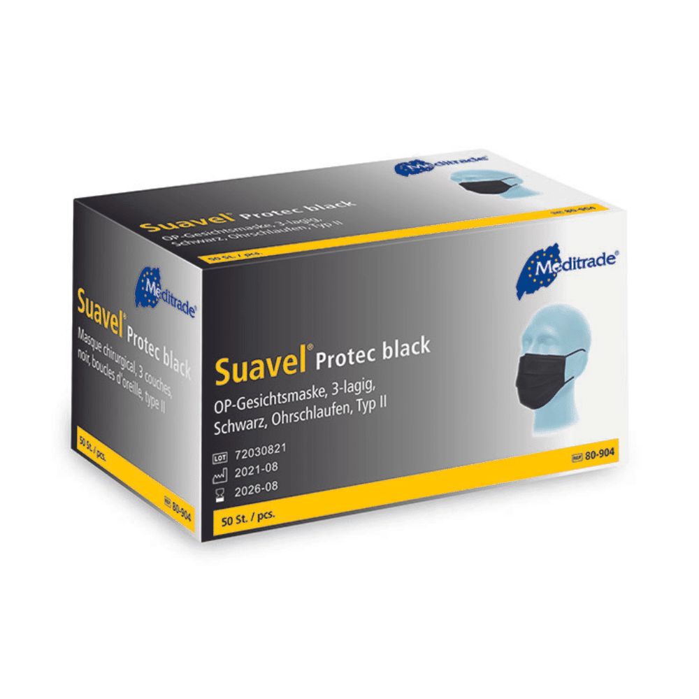 Verpackung mit 50 schwarzen 3-lagigen OP-Masken mit Ohrschlaufen, Typ II.
