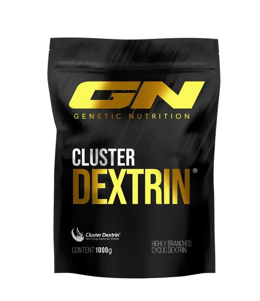 Schwarzer Beutel mit goldfarbenem "GN"-Logo und "Cluster Dextrin"-Schriftzug. Enthält 1000g. Marke: Genetic Nutrition.