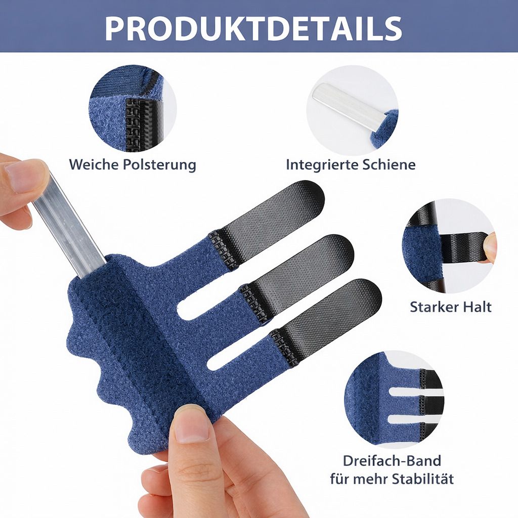 Blaue Fingerschiene mit weicher Polsterung, integrierter Schiene und dreifachem Band. Nahaufnahme zeigt Details und starken Halt.