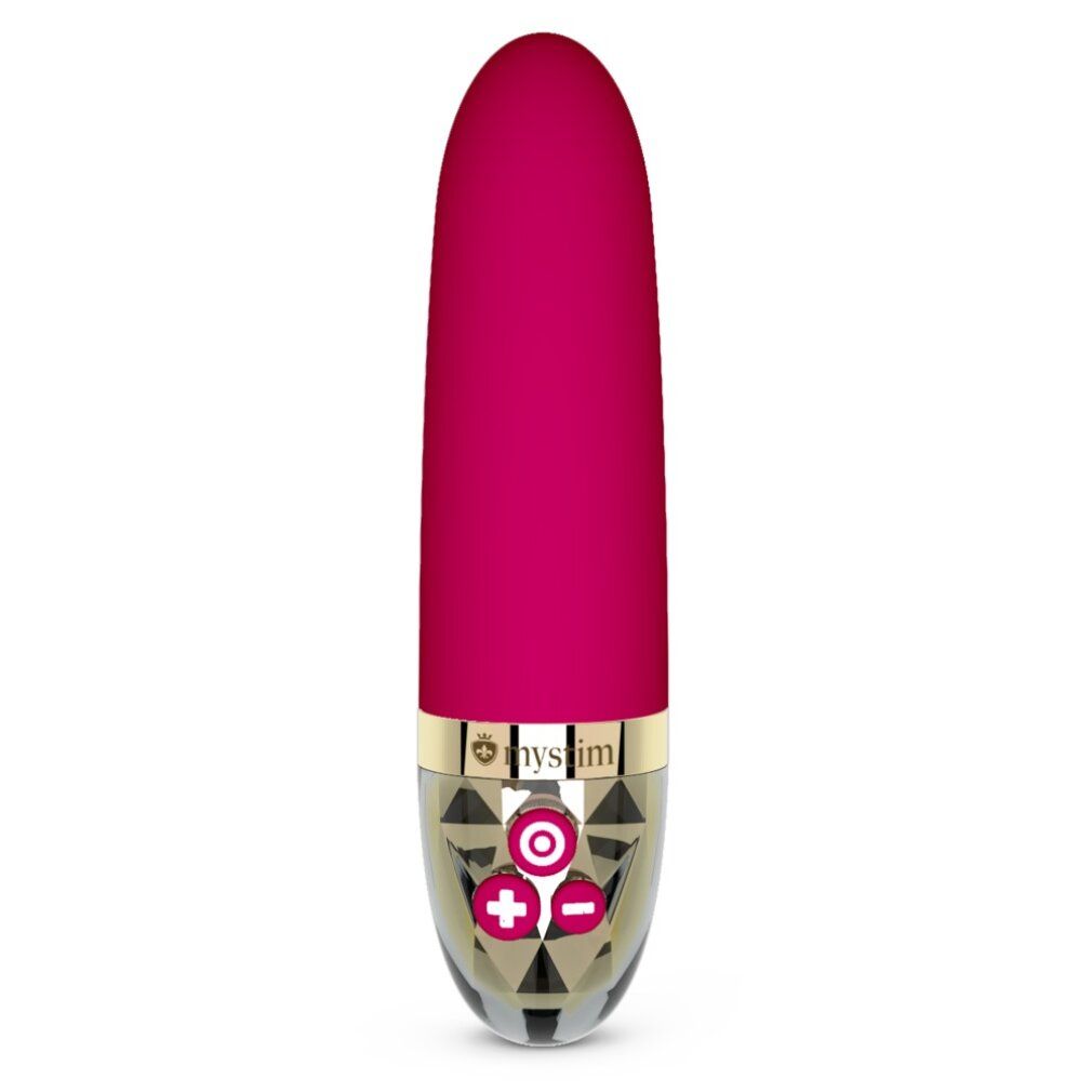 Fuchsiafarbener Vibrator mit goldfarbenen Akzenten. Bedienknöpfe mit Plus- und Minuszeichen. Kristalloptik.
