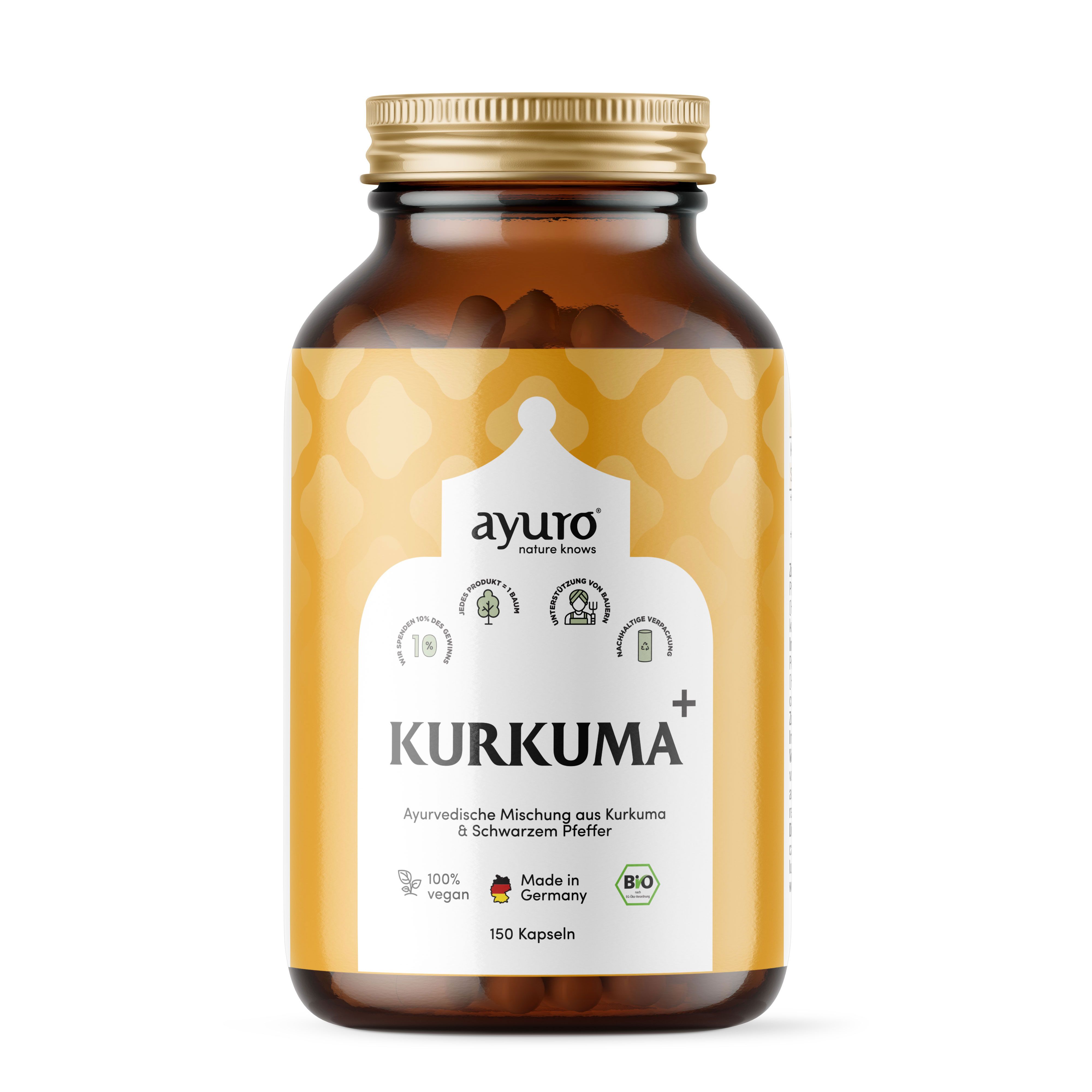 Braune Glasflasche mit goldfarbenem Deckel. Etikett mit Produktnamen Kurkuma+ und Logo. 150 Kapseln.