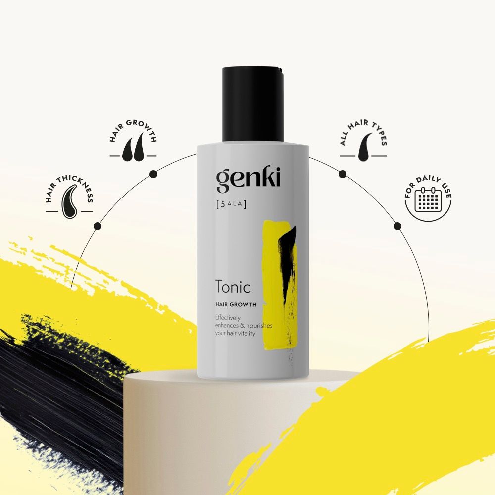 Genki Tonic Flasche. Weiß, schwarzer Deckel, gelber Akzent. Schriftzug: Genki, Tonic, Hair Growth. Symbole: Haarwuchs, alle Haartypen, tägliche Anwendung.