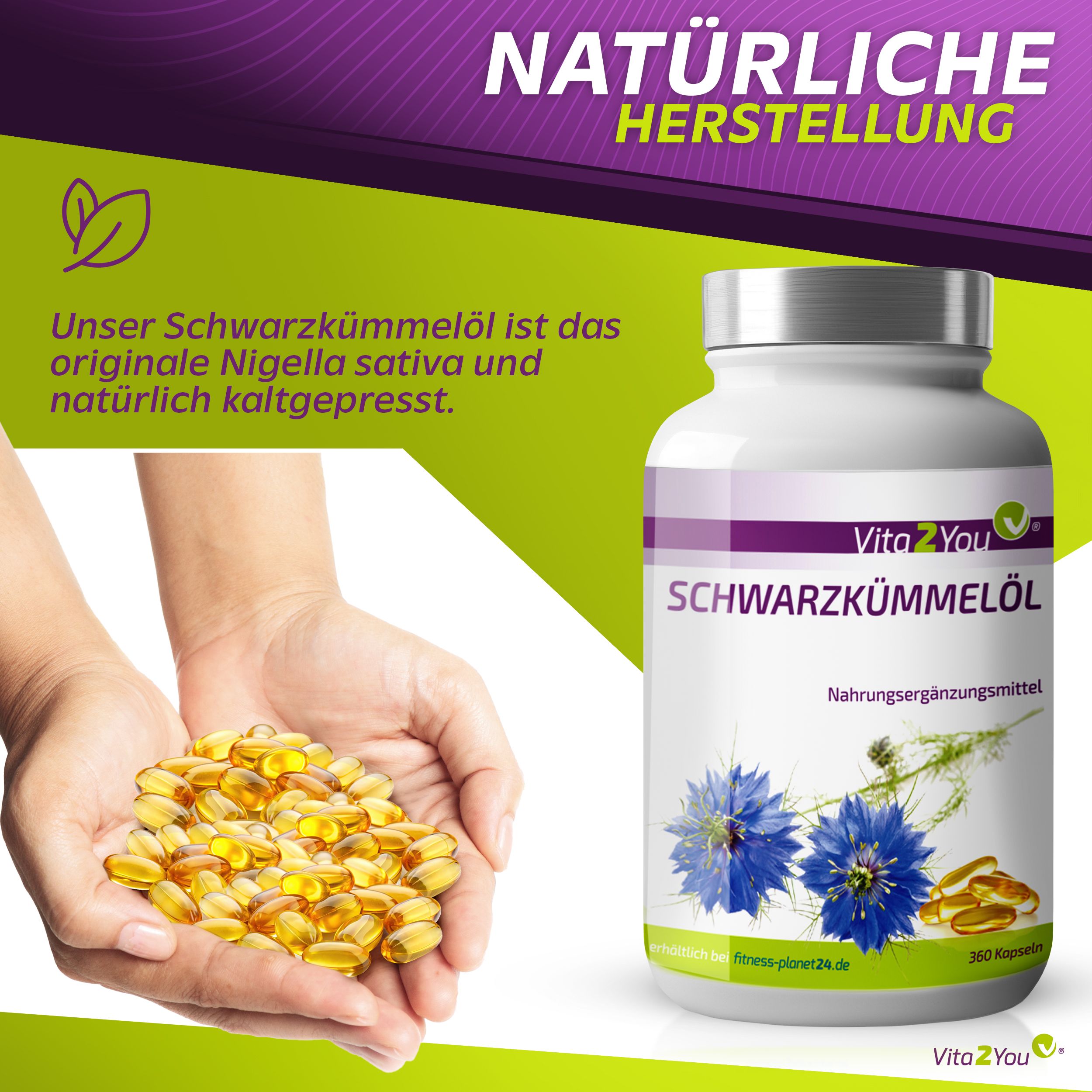 Flasche mit Schwarzkümmelöl Kapseln. Hände halten Kapseln. Text: Natürliche Herstellung. 360 Kapseln.